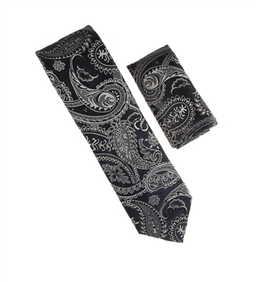 Navy Blue and Silver Designed Necktie Tie with Matching Pocket Square WTH-A211