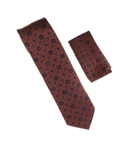 Coffee Brown and Navy-Blue Damask Designed Necktie Tie with Matching Pocket Square WTH-A214
