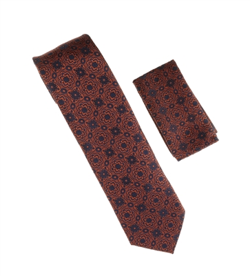 Coffee Brown and Navy-Blue Damask Designed Necktie Tie with Matching Pocket Square WTH-A214
