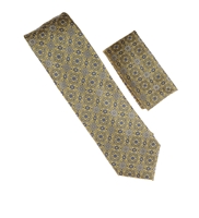 Custard Yellow and Baby Blue Damask Designed Necktie Tie with Matching Pocket Square WTH-A215