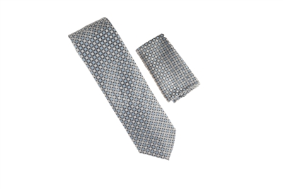 Baby Blue, Pearl White & Grey Beaded Designed Necktie Tie with Matching Pocket Square WTH-A216