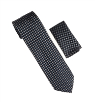 Navy Blue, Baby Blue & Grey Beaded Designed Necktie Tie with Matching Pocket Square WTH-A218