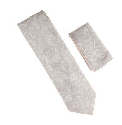 Silver & Smoked Grey Floral Designed Necktie Tie with Matching Pocket Square WTH-A226