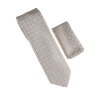 Silver & Smoked Grey Medium Checker Designed Necktie Tie with Matching Pocket Square WTH-A227
