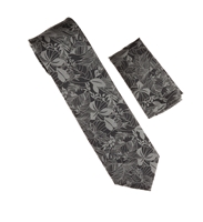 Black & Silver Floral Designed Necktie Tie with Matching Pocket Square WTH-A228