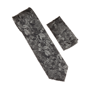 Black & Silver Floral Designed Necktie Tie with Matching Pocket Square WTH-A228