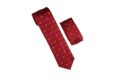 Crimson Red with 4 Blue & 4 Tan Mini Dot Designed Necktie Tie with Matching Pocket Square WTH-A246
