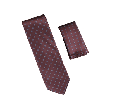 Burgundy with Blue and Gold Designed Necktie with Matching Pocket Square WTH-A302