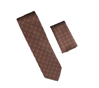 Brown with Light Blue, Navy and Gold Designed Necktie with Matching Pocket Square WTH-A305