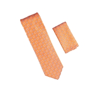 Orange with Light Blue, Navy and Silver Designed Necktie with Matching Pocket Square WTH-A306
