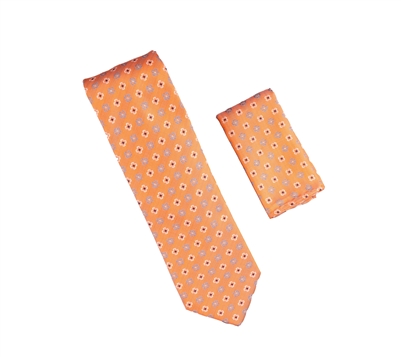 Orange with Light Blue, Navy and Silver Designed Necktie with Matching Pocket Square WTH-A306