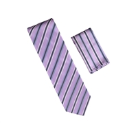 Lavender with Silver, Blue and Dark Grey Stripes Designed Necktie with Matching Pocket Square WTH-A315