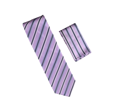 Lavender with Silver, Blue and Dark Grey Stripes Designed Necktie with Matching Pocket Square WTH-A315