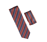 Navy, Royal Blue, Orange, Black & Red Stripes Designed Necktie with Matching Pocket Square WTH-A318