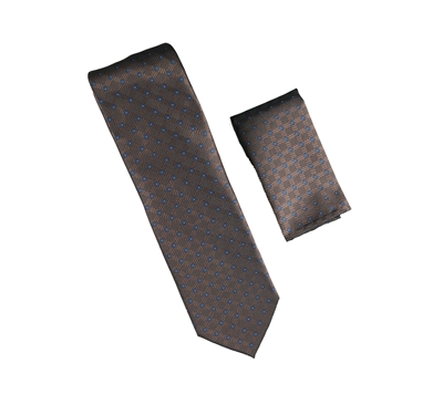 Brown with Navy and Brown Dot Designed Necktie with Matching Pocket Square WTH-A319