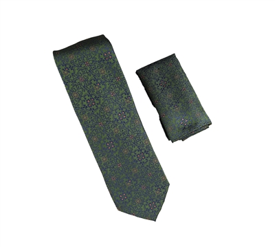 Green, Navy and Light Brown Designed Necktie with Matching Pocket Square WTH-A324