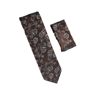 Dark Brown with Light Brown and Light Blue Flower Designed Necktie with Matching Pocket Square WTH-A328