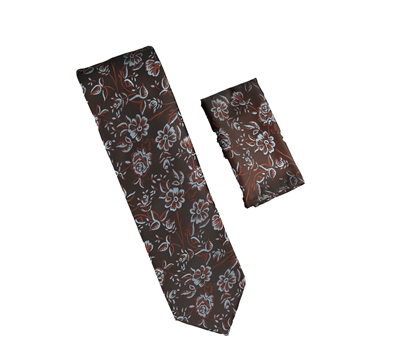 Dark Brown with Light Brown and Light Blue Flower Designed Necktie with Matching Pocket Square WTH-A328
