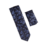 Black with Navy and Light Blue Flower Designed Necktie with Matching Pocket Square WTH-A329