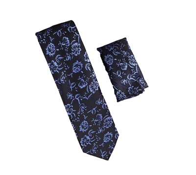Black with Navy and Light Blue Flower Designed Necktie with Matching Pocket Square WTH-A329