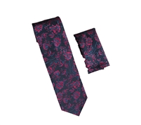 Navy with Orchard and Blue Flower Designed Necktie with Matching Pocket Square WTH-A330