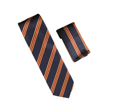 Navy, Burgundy and Gold Stripes Designed Necktie with Matching Pocket Square WTH-A334