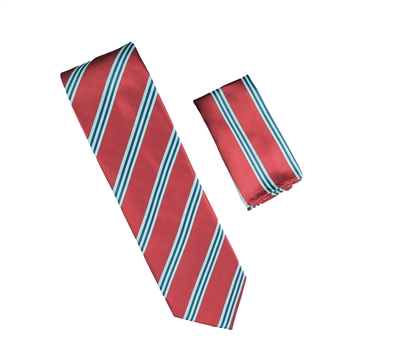 Red, Silver and Navy Stripes Designed Necktie with Matching Pocket Square WTH-A336