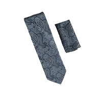 Steel Blue, Black and Grey Paisley Designed Necktie with Matching Pocket Square WTH-A340