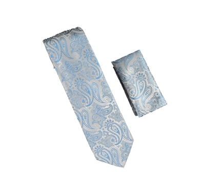 Silver, Light Blue and Grey Paisley Designed Necktie with Matching Pocket Square WTH-A342