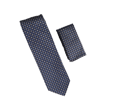 Navy with Blue, Light Blue and Silver Dot Designed Necktie with Matching Pocket Square WTH-A347