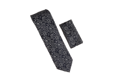 Navy Blue & Silver Paisley Designed Necktie Tie with Matching Pocket Square WTH-A364