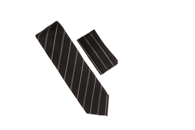 Black & Silver Stripped Silk Tie With Matching Pocket Square WTH-A367