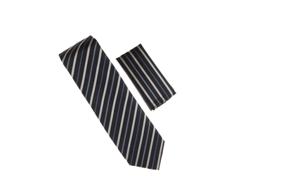 Black, Blue & Silver Stripped Silk Tie With Matching Pocket Square WTH-A369