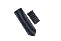 Black, Navy Blue & Silver Stripped Silk Tie With Matching Pocket Square WTH-A371