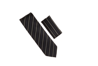 Black, Navy Blue & Silver Stripped Silk Tie With Matching Pocket Square WTH-A372