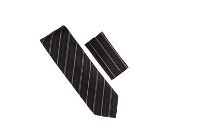 Black, Navy Blue & Silver Stripped Silk Tie With Matching Pocket Square WTH-A372