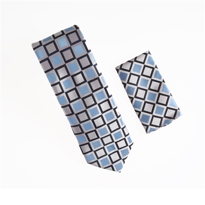 Metallic Pink, Baby Blue and Navy Square Designed Tie with Matching Pocket Square WTH-A377