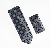 Metallic Grey, Baby Blue and Navy Square Designed Tie with Matching Pocket Square WTH-A378