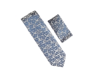 Silver &  Blue Floral Design Necktie Set with Matching Pocket Square WTH-A382