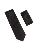 Black Paisley Designed Necktie Tie with Matching Pocket Square WTH-A385
