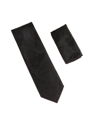 Black Paisley Designed Necktie Tie with Matching Pocket Square WTH-A385