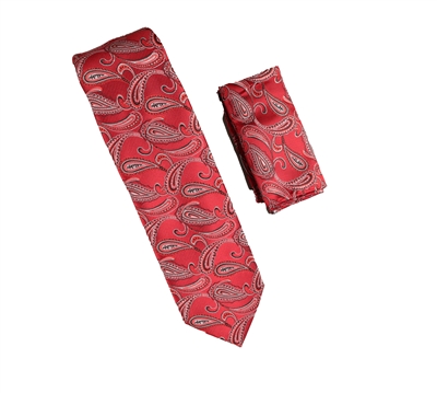 Red, Black and Silver Paisley Necktie with Matching Pocket Square WTH-A387