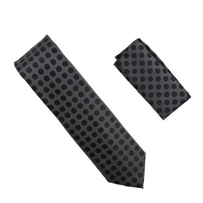 Metal Black With Jet Black Polka Dot Silk Neck Tie Set With Matching Pocket Square WTH-A397