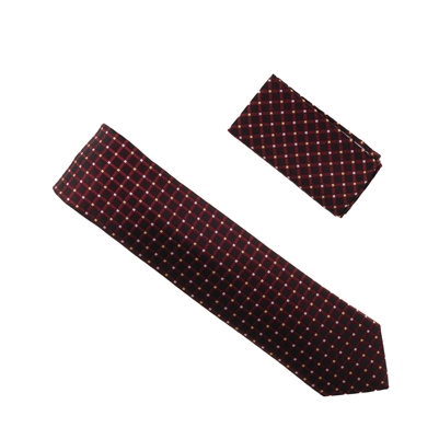 Burgundy With Maroon and Silver Mini Square Extra Long Designed Tie with Matching Pocket Square WTHXL-847