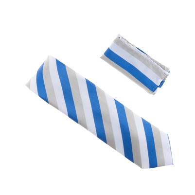 Baby Blue, Silver & White Striped Necktie With Matching Pocket Square WTHXL-900