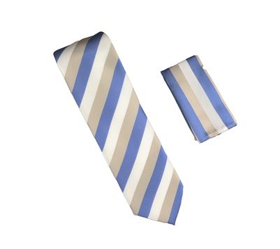 Baby Blue, Silver & White Striped Necktie With Matching Pocket Square WTHXL-900