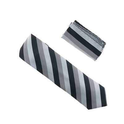 Black, Grey, Silver & White Striped Necktie With Matching Pocket Square WTHXL-901