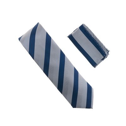 Navy, Grey, Silver & White Striped Necktie With Matching Pocket Square WTHXL-902