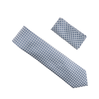 Navy, Silver and Light Blue Designed Necktie With Matching Pocket Square WTHXL-905