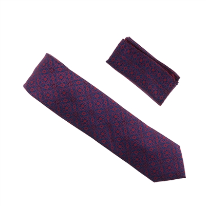 Navy and Red Designed Necktie With Matching Pocket Square WTHXL-906